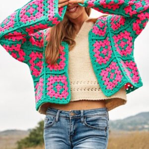 Two-Tone Floral Square Crochet Open Knit Cardigan